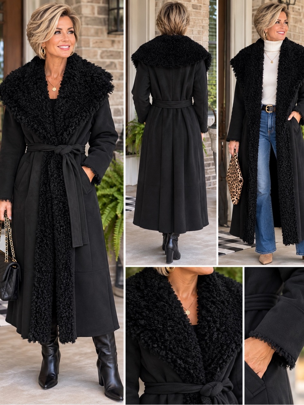H&M Black Long Shearling-Trim Trench Coat